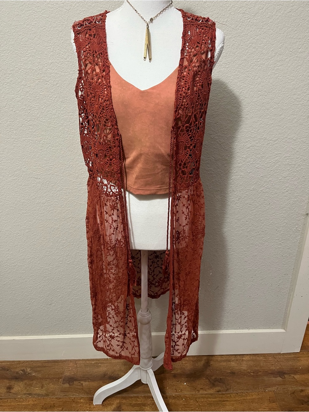 Rust Crochet Lace Duster Vest